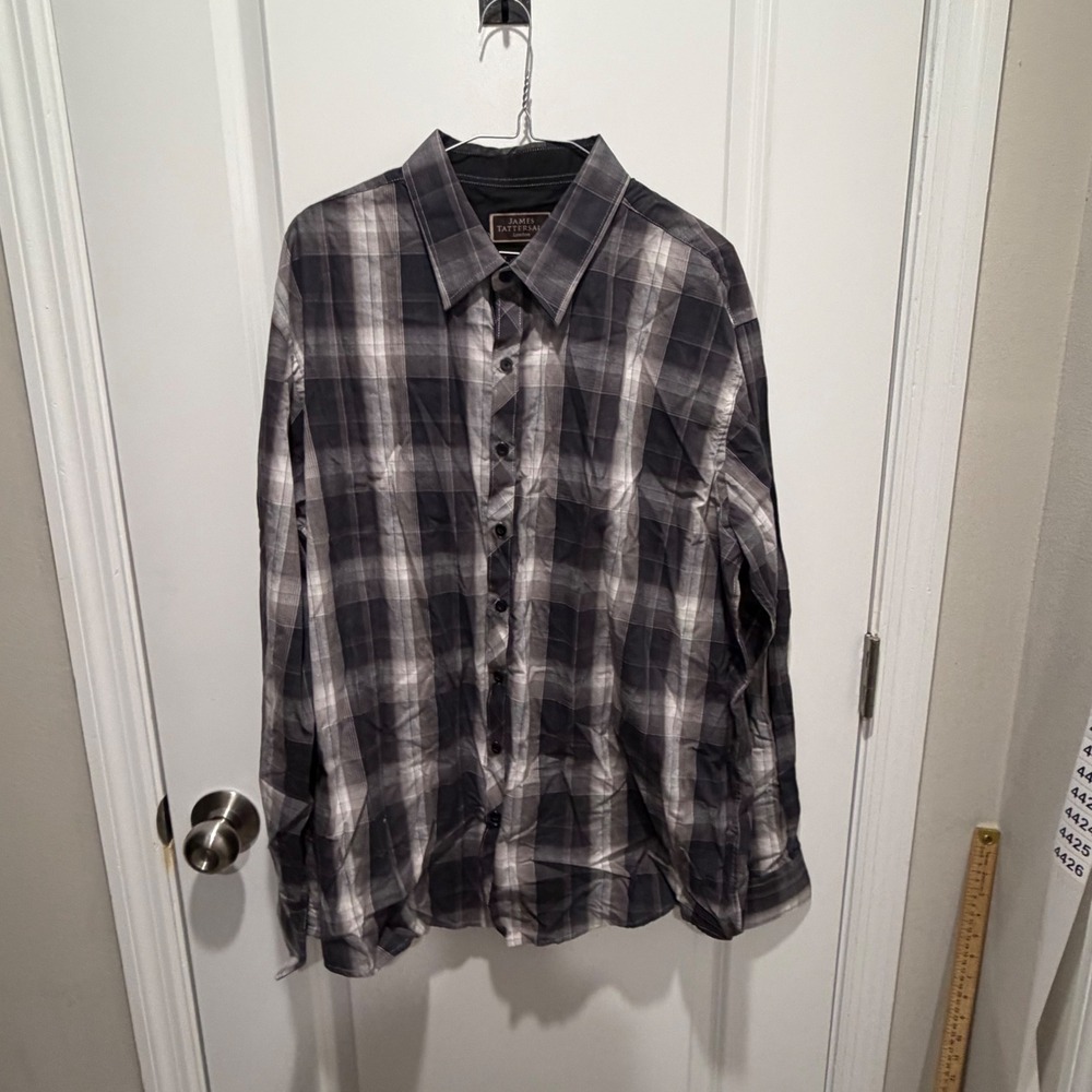 James Tattersall Mens Button Down Plaid Cotton Shirt Black Grey XLT Flawed